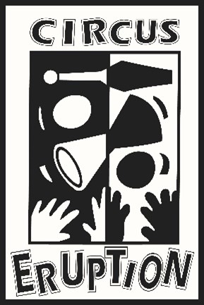 The Circus Eruption logo! Black and white, featuring hands, a diabolo and juggling clubs.